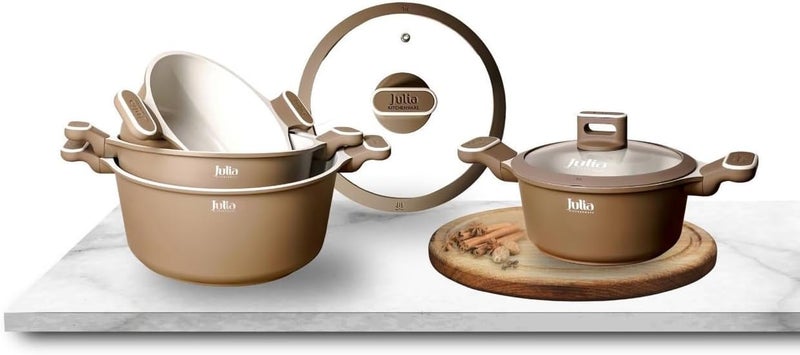 جوليا طقم أواني طهي جوليا  إيليت بروف  8 قطع مع أغطية - بُني - جرانيت بيج غير لاصق - يدعم الحث الحراري - Image 3